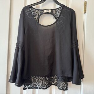 Black Lace Open Back Bell Sleeve‎ Top Fairy Grunge  Witchy Boho Medium